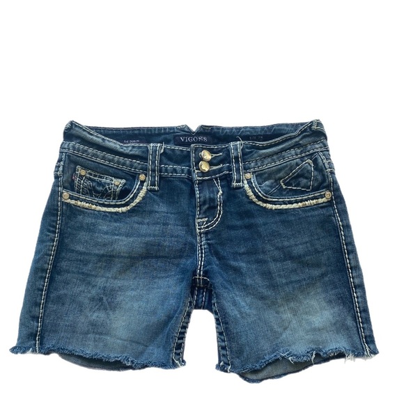 Dublin Style Jean Shorts Frayed Embellished Detailed Jr 3/4 Mid Blue Mid Rise - Picture 1 of 14